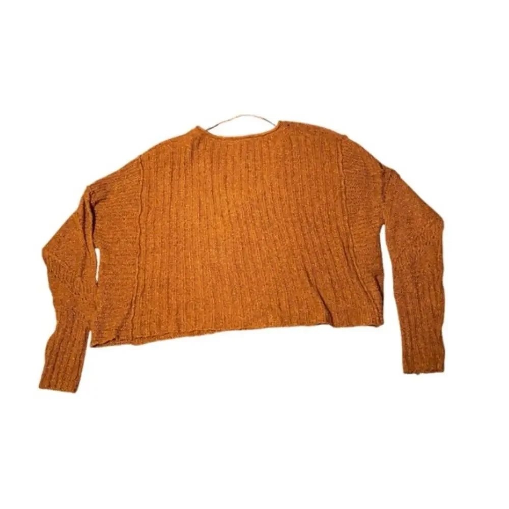 Free People Burnt Orange Wide V-neck Open Knit Detailing Sweater -L